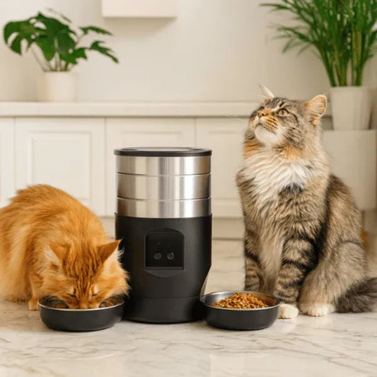 Distributeur automatique de croquettes pour 2 chats avec 2 chats en repas