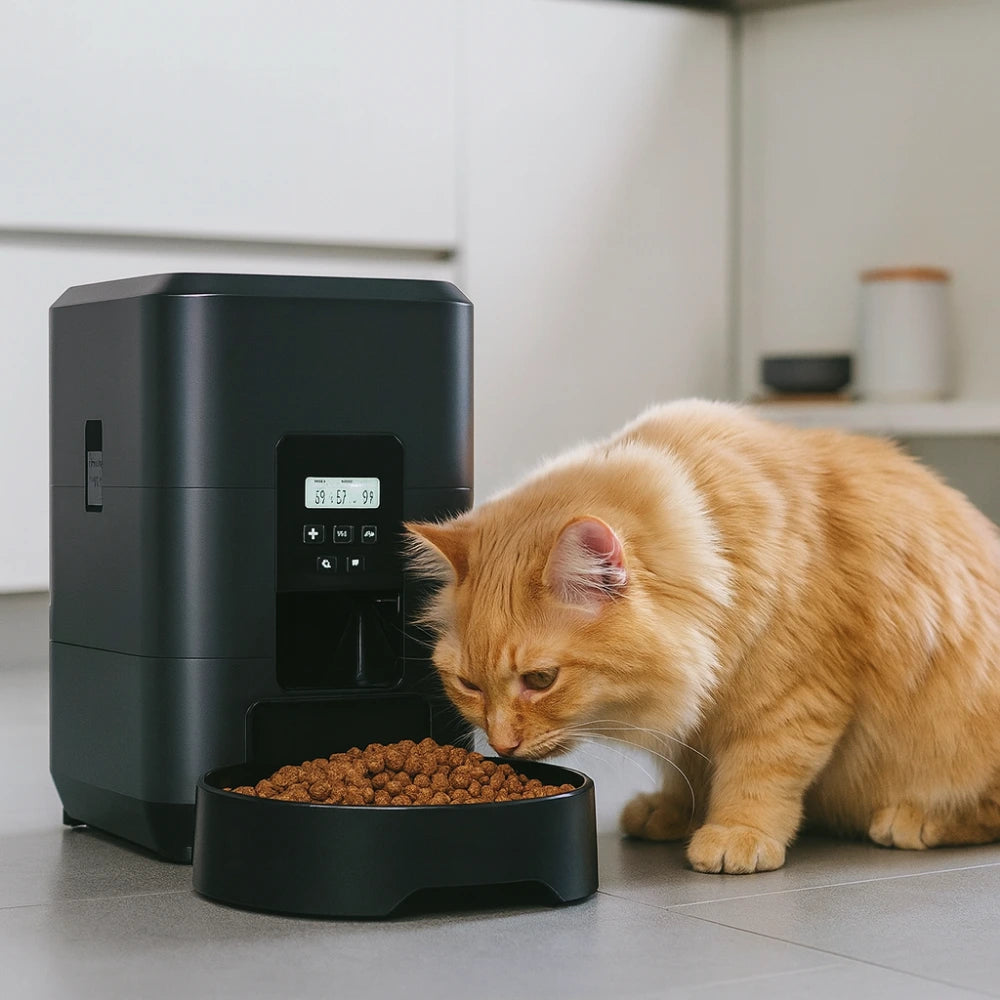 Distributeur chat croquette automatique avec un chat dans une cuisine