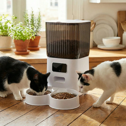 Distributeur de croquette pour chat automatique double bol dans une cuisine avec 2 chats