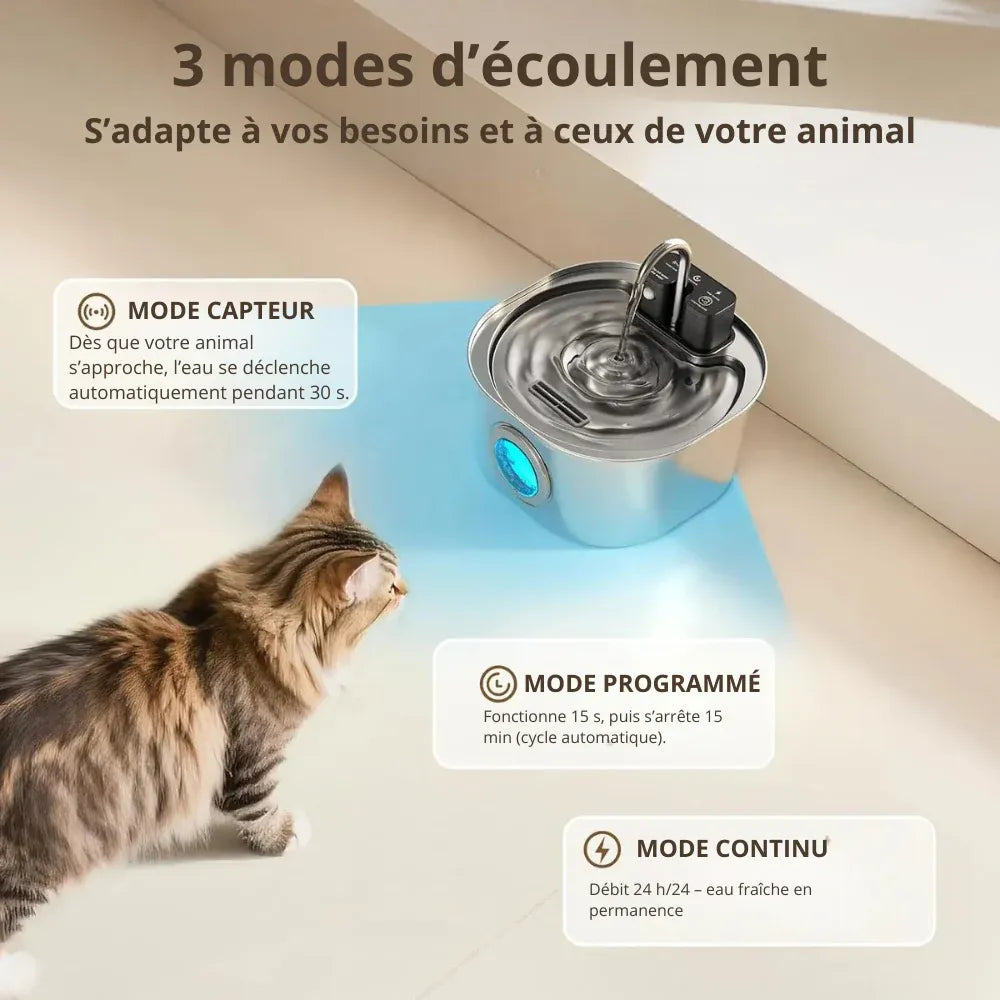 Fontaine à eau inox chat 3 modes d'écoulement