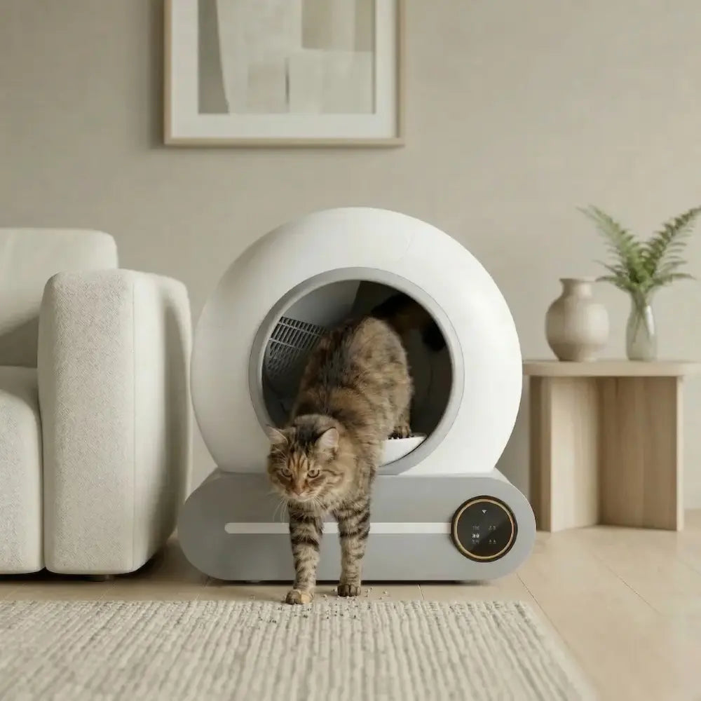 Litière autonettoyante avec un chat qui sort du bac